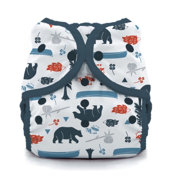 Thirsties Adventure Trail Duo Wrap Diaper Cover with white background, bears, canoes & hedgehogs and blue trim