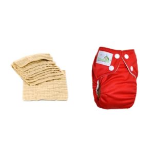 Stack of prefold cotton cloth diapers next to a red Bottom Bumpers all-in-one cloth diaper