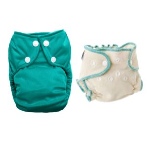 Green Bottom Bumpers All-In-One Diaper next to a fitted size 2 diaper