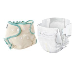 Size 2 Fitted cloth Diaper next to a size 3 Compostable paper diaper