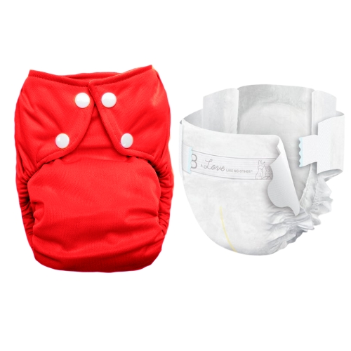red Bottom Bumper All-In-One cloth diaper next to a compostable Bambo nature size 3 diaper