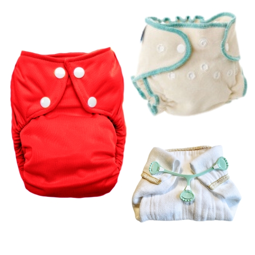 Red Bottom Bumpers All-In-One Diaper next to a size 2 fitted diaper above and a prefold folded with a snappi below