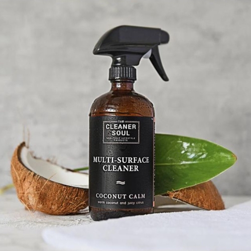 spray bottle of Cleaner Soul All Surface Cleaner in front of an open coconut with a leaf