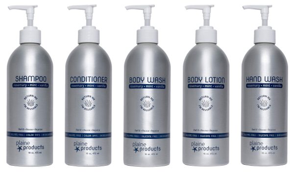 5 aluminum bottles with white pump lids. Shampoo, conditioner, body wash, body lotion and Hand wash
