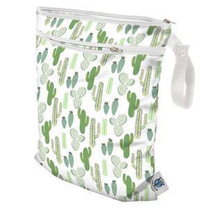 bag with zippered top and zippered front pocket and white loop handle. White with Cactus print