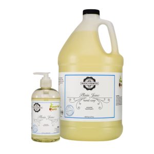 Small pump bottle of Rustic Strength Plain Jane Hand Soap & a one gallon refill bottle
