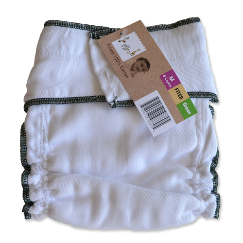 Geffen baby medium fitted diaper lying closed with a geffen tag