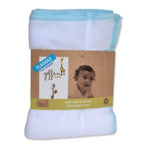 Geffen baby fladdle diaper with blue trim folded with a brand band around it.