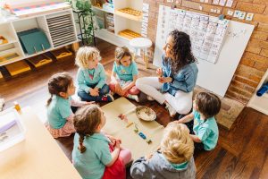 6 kids and a teacher sitting in a circle at Kindred Montessori Preschool